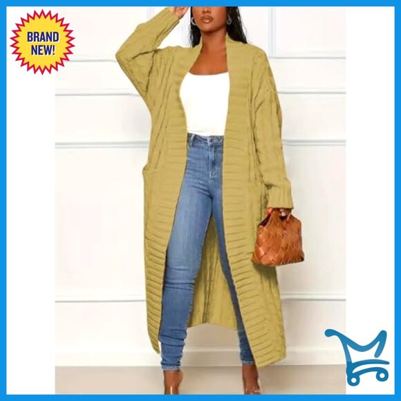 Long Knit Cardigan Sweater Open Front Duster Style Ribbed Pattern - Picture 3 of 7